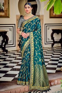 Picture of Magnificent Blue and Grey Colored Designer Saree
