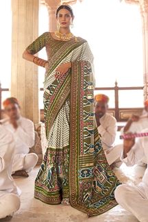 Picture of Stylish Grey and Mehendi Colored Designer Saree