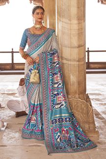 Picture of Awesome Grey and Sky Blue Colored Designer Saree