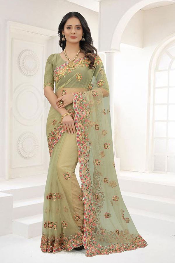 Picture of Magnificent Olive Green Colored Designer Saree