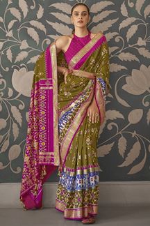 Picture of Designer Mehendi Green & Pink Colored Patola Silk Saree