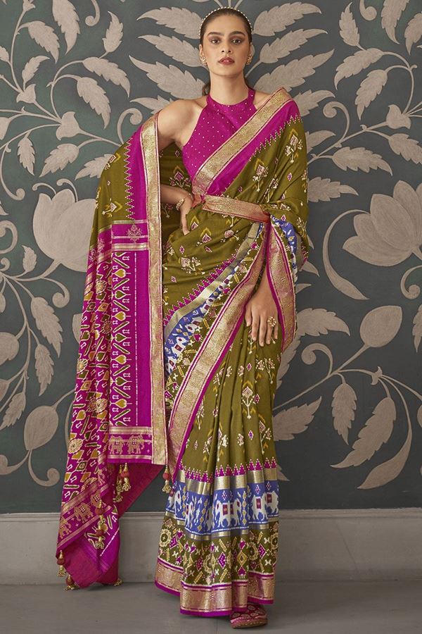 Picture of Designer Mehendi Green & Pink Colored Patola Silk Saree