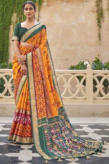 Picture of Designer Orange & Green Colored Patola Silk Saree