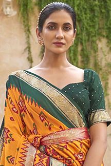 Picture of Designer Orange & Green Colored Patola Silk Saree