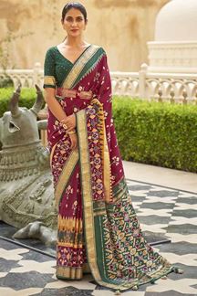 Picture of Designer Pink & Green Colored Patola Silk Saree