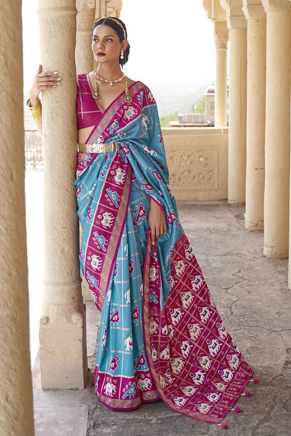 Picture of Ethnic Sky Blue and Pink Colored Designer Silk Saree