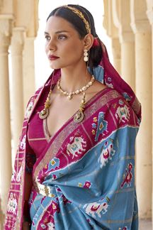 Picture of Ethnic Sky Blue and Pink Colored Designer Silk Saree