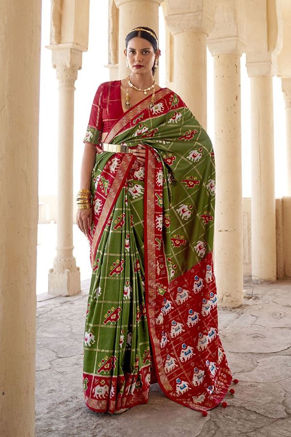 Picture of Captivating Green and Red Colored Designer Silk Saree