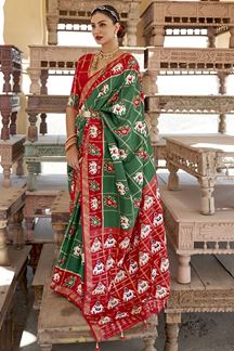 Picture of Spectacular Green and Red Colored Designer Silk Saree