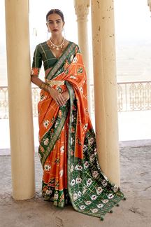 Picture of Outstanding Orange and Green Colored Designer Silk Saree