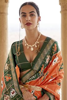Picture of Outstanding Orange and Green Colored Designer Silk Saree