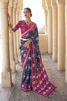 Picture of Fascinating Navy Blue and Purple Colored Designer Silk Saree