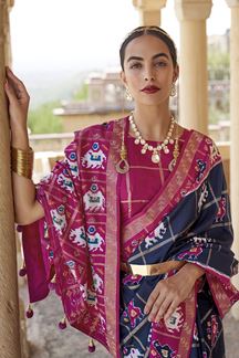 Picture of Fascinating Navy Blue and Purple Colored Designer Silk Saree