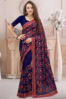 Picture of Awesome Navy Blue Colored Designer Saree