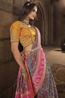 Picture of Creative Olive Green and Pink Colored Designer Silk Saree