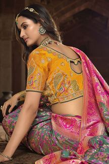 Picture of Creative Olive Green and Pink Colored Designer Silk Saree