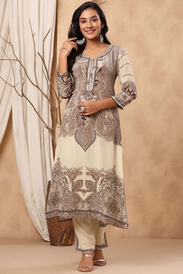 Picture of Classy Off-White Colored Designer Kurti with Pant