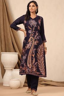 Picture of Engaging Navy Blue Colored Designer Kurti with Pant
