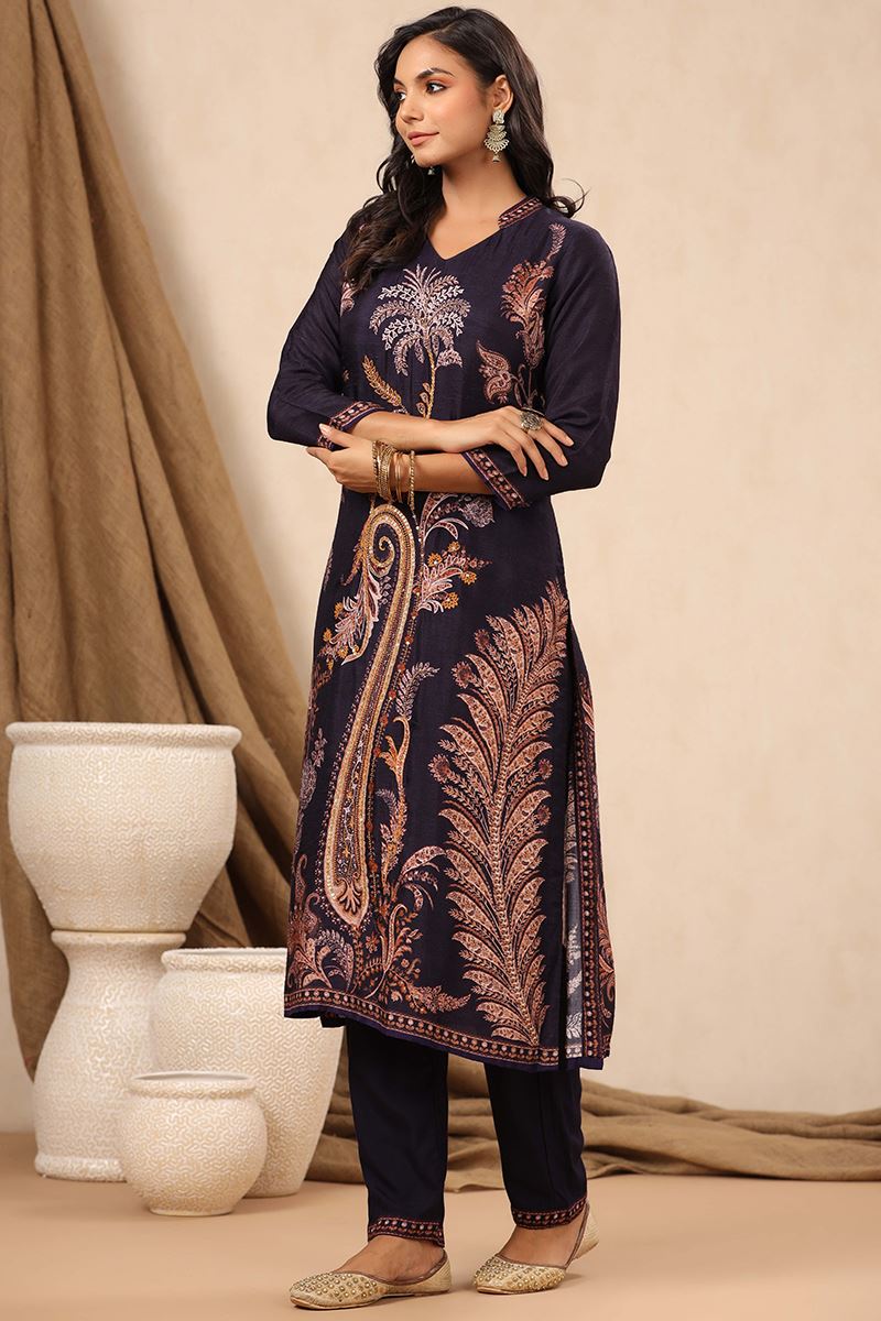Navy Blue Embroidered With Embellished Rayon Kurti Pant Set