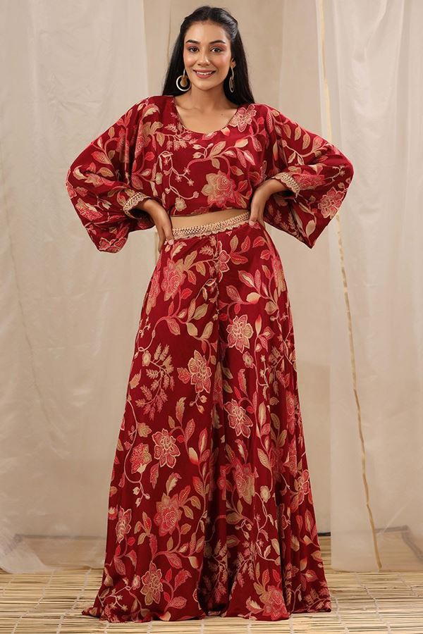 Picture of Royal Red Colored Designer Crop Top Suit