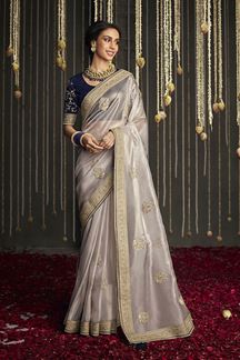 Picture of Graceful Light Grey and Navy Blue Colored Designer Saree