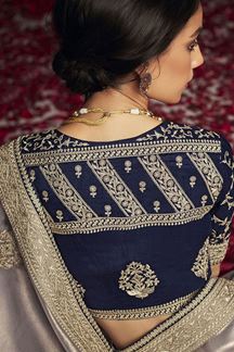 Picture of Graceful Light Grey and Navy Blue Colored Designer Saree