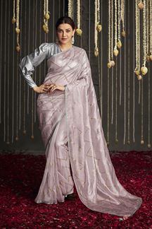 Picture of Gorgeous Peach and Grey Colored Designer Saree