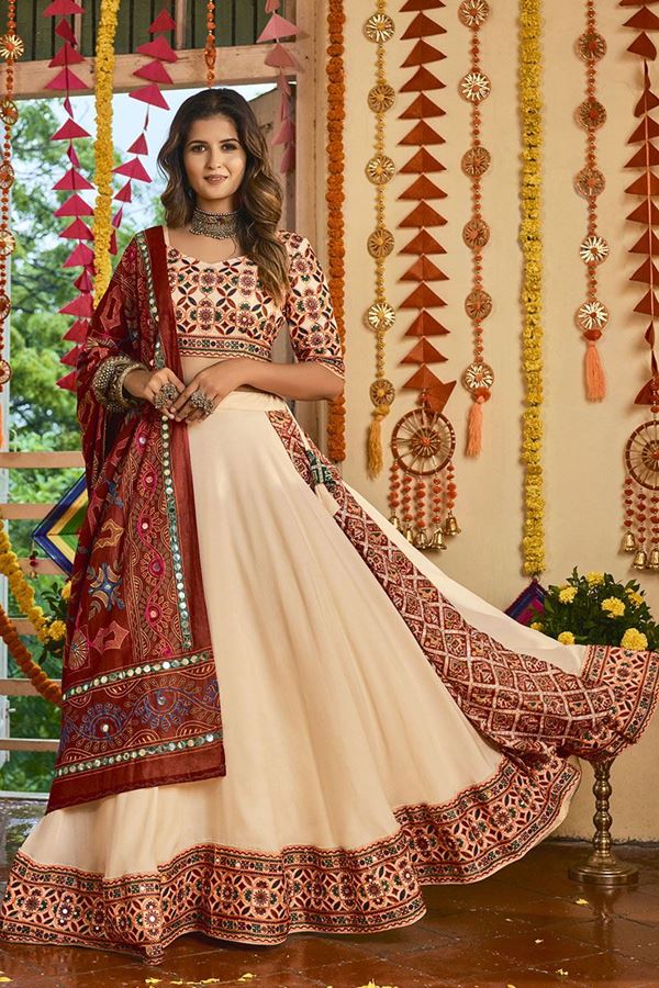 Picture of Lovely Beige and Maroon Colored Designer Lehenga Choli