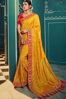Picture of Fascinating Yellow and Red Colored Designer Silk Saree
