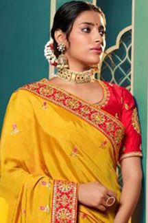 Picture of Fascinating Yellow and Red Colored Designer Silk Saree