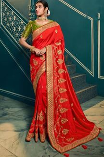 Picture of Marvelous Red and Green Colored Designer Silk Saree