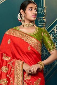Picture of Marvelous Red and Green Colored Designer Silk Saree