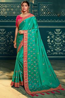 Picture of Adorable Sea Green and Pink Colored Designer Silk Saree