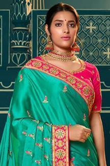 Picture of Adorable Sea Green and Pink Colored Designer Silk Saree