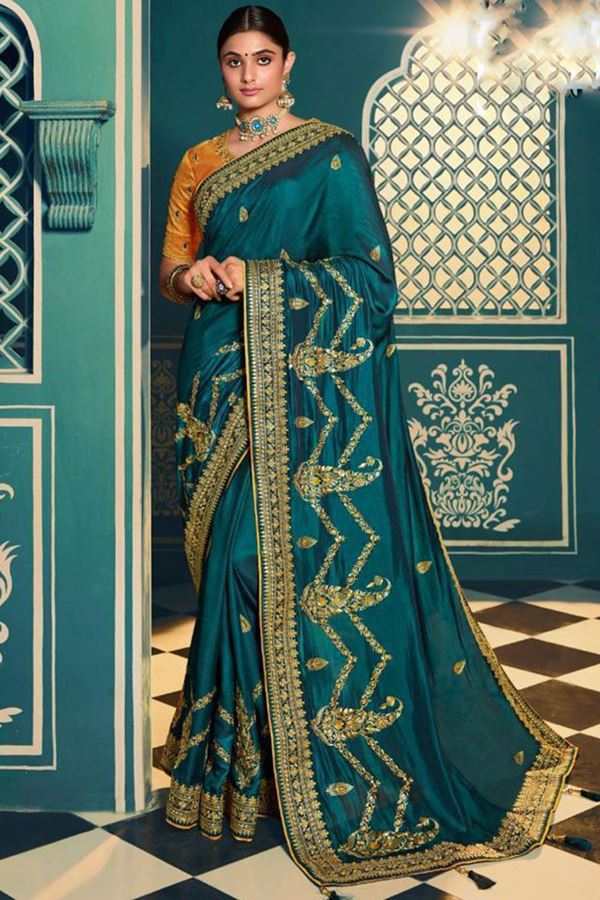 Picture of Bollywood Teal and Yellow Colored Designer Silk Saree