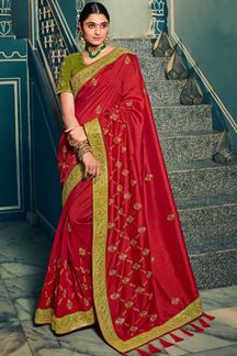 Picture of Royal Pink and Green Colored Designer Silk Saree