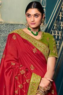 Picture of Royal Pink and Green Colored Designer Silk Saree