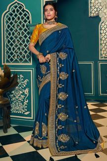 Picture of Dazzling Blue and Yellow Colored Designer Silk Saree