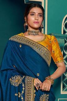 Picture of Dazzling Blue and Yellow Colored Designer Silk Saree