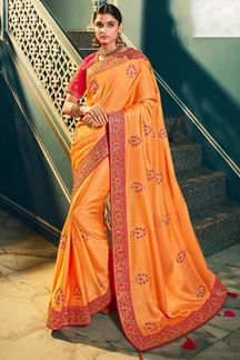 Picture of Vibrant Orange and Pink Colored Designer Silk Saree