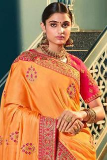 Picture of Vibrant Orange and Pink Colored Designer Silk Saree