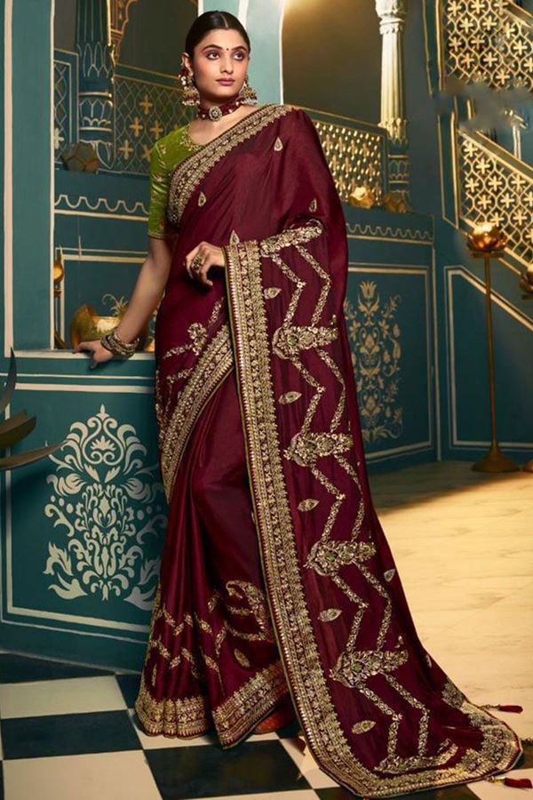Picture of Striking Wine and Green Colored Designer Silk Saree