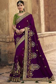 Picture of Gorgeous Purple and Green Colored Designer Silk Saree