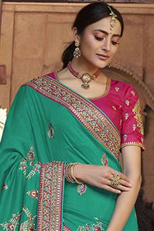 Picture of Glorious Sea Green and Pink Colored Designer Silk Saree