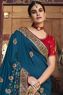 Picture of Astounding Teal and Red Colored Designer Silk Saree
