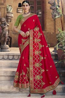 Picture of Heavenly Pink and Green Colored Designer Silk Saree