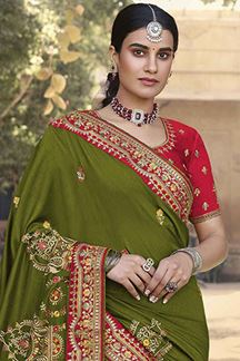 Picture of Stunning Green and Pink Colored Designer Silk Saree