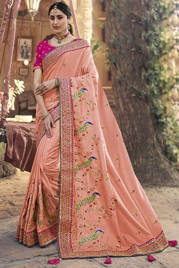 Picture of Irresistible Peach and Pink Colored Designer Silk Saree