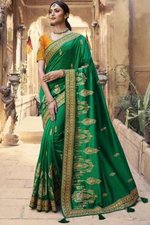 Picture of Magnificent Green and Yellow Colored Designer Silk Saree