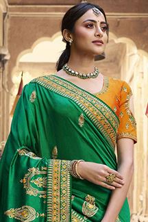 Picture of Magnificent Green and Yellow Colored Designer Silk Saree